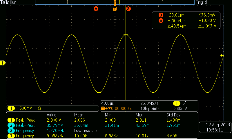 The output of the FGEN is displayed by the oscilloscope.